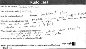 A handwritten note on a white background with feedback from a patient at a medical office. The note includes details about the doctor, assistant, and the patient's experience, along with a request for a review on Google, Yelp, and Facebook.