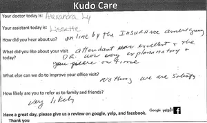 A handwritten note in black ink on a white sheet of paper contains feedback from a patient about their experience at a medical office, mentioning the doctor, assistant, and various aspects of the visit.