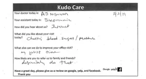 A document with feedback on a medical visit including doctor and assistant names, date, and comments on the visit experience.