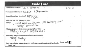 A handwritten form filled out by a patient includes information about their visit and feedback, with a note about leaving a review on Google, Yelp, and Facebook. It includes details about the doctor, assistant, and their experience. The form is titled 'Kudo Care'.