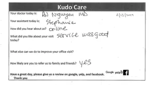 A patient feedback form from a medical clinic with details about their visit, including the doctor's name, date, and comments about the service.