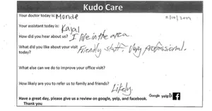 A handwritten note with feedback about a visit to Kudo Care, including the date, doctor, assistant, and comments about the experience and likelihood of recommending the service.