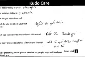 Image of a feedback form asking for a review on Google, Yelp, and Facebook. It includes fields for the doctor and assistant's names, a section for feedback, and a request for a likelihood to refer to family and friends. It ends with a thank you message and logos for Google, Yelp, and Facebook.