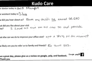 Image of a patient feedback form from Kud Care, featuring handwritten comments about their experience.