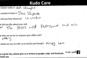 An image of a survey form for a doctor's office asking about the patient's experience.