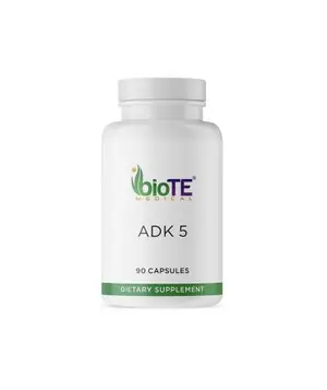 A white bottle with a green and purple label that reads 'bioTE MEDICAL ADK 5 90 CAPSULES DIETARY SUPPLEMENT'.