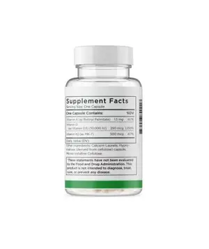 A clear glass bottle with a white lid contains Vitamin A and Vitamin D3 supplement capsules. The label on the bottle has a green border and displays the supplement facts, including serving size, one capsule contains, and daily value. The product is not intended to diagnose, treat, cure, or prevent any disease.