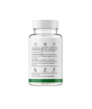 A clear plastic bottle with a white lid, containing capsules, with white and green labels, and a warning message on the label