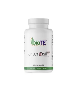A white bottle of BioTE Medical Arteriosil HP dietary supplement with a green border and white cap