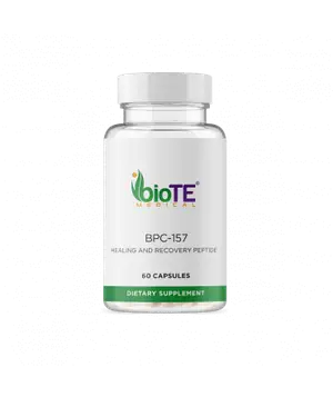 A bottle of BioTE Medical's BPC-157 Healing and Recovery Peptide with a white lid on a black background