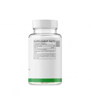 A white bottle with a green stripe at the bottom and a white lid with the text 'SUPPLEMENT FACTS' on it.