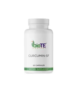 A white bottle of BioTE Medical Curcumin-SF dietary supplement with a green label.