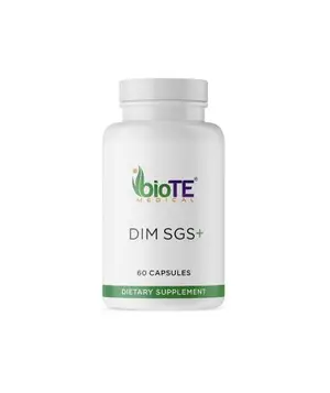 A white bottle of BioTE DIM SGS+ dietary supplement with 60 capsules