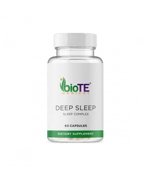 A bottle of bioTE Medical's Deep Sleep Sleep Complex dietary supplement, containing 60 capsules, displayed on a black background.