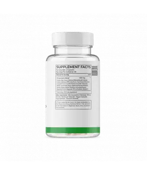 A white bottle of dietary supplement capsules with a green and white label on a black background.