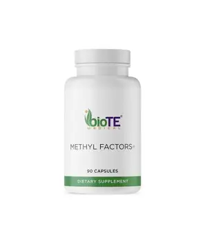 A white bottle with a green label that reads 'bioTE MEDICAL METHYL FACTORS+ 90 CAPSULES DIETARY SUPPLEMENT' on a white background.