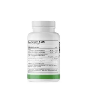 A white bottle with a green label that reads 'Supplement Facts' and contains capsules.