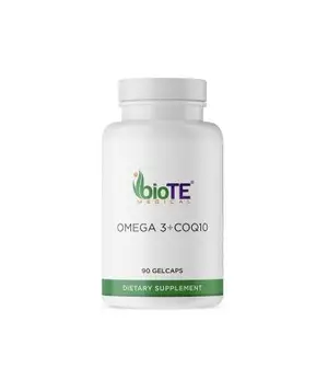 A white bottle of BioTE Medical Omega 3 + CoQ10 dietary supplement with 90 gelcaps.