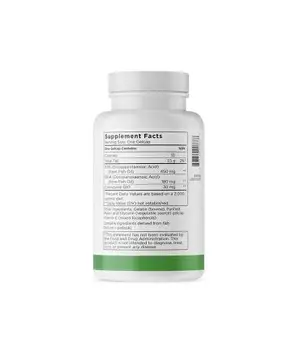 A white bottle with a green stripe at the bottom and a white lid contains a supplement. The label on the bottle provides detailed supplement facts, including serving size, calories, and nutrient content.