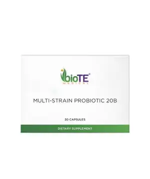A white and green box labeled Multi-Strain Probiotic 20B from BioTE Medical, containing 30 capsules, displayed on a white background.