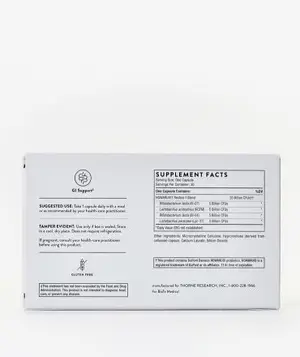 Labeled image shows a white background with a white box containing 'Supplement Facts', displaying information about a dietary supplement including serving size, capsule count, and ingredients.