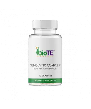 A white bottle of BioTE Medical Senolytic Complex dietary supplement on a black background