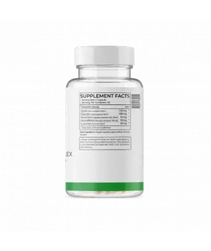 A white bottle with a green stripe and a white cap containing a dietary supplement