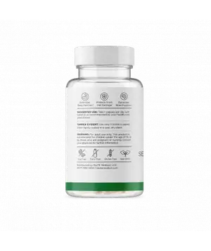 A white plastic bottle with green trim and a white lid contains capsules, displayed against a black background.