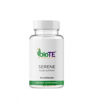 A white bottle with a green logo and text reading BioTE Medical, containing 30 capsules of Serene Mood Support.