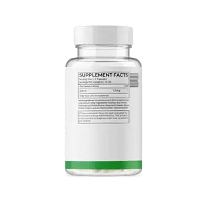 A white bottle with a green and white cap is shown against a black background. The label on the bottle reads 'SUPPLEMENT FACTS' and lists the serving size, servings per container, and active ingredients. It also includes a disclaimer that the statements have not been evaluated by the Food and Drug Administration.