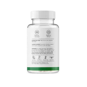A bottle of BioTE Medical LLC's product, which is a supplement for anxiety and stress, is displayed on a black background.