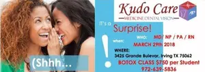 A poster for a Botox class event on March 29th, 2018, featuring two smiling women, with a Kuda Care logo and details about the event.