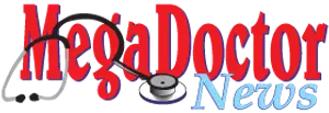 Mega Doctor News logo with a stethoscope icon on a black background