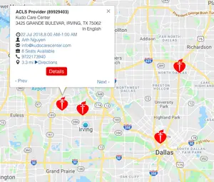 A map shows a location labeled ACLS Provider, with a pin icon and distance information. The map also features various other pins and markers, indicating different locations, and includes labels for streets and regions.