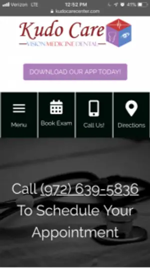Screenshot of the Kudo Care medical app interface, displaying a menu with options like 'Menu', 'Book Exam', 'Call Us!', and 'Directions', along with a call-to-action for scheduling an appointment.