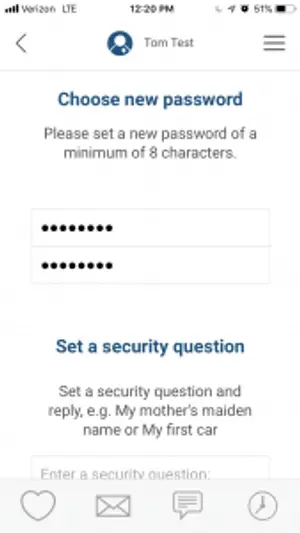 Screenshot of a password reset screen on a mobile device, showing fields for a new password and a security question.