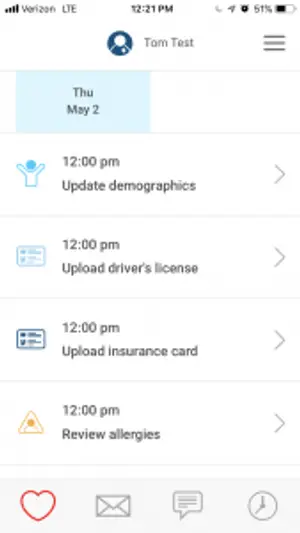The screenshot of a mobile phone displaying a list of tasks with icons and text, including update demographics, upload driver's license, upload insurance card, and review allergies, with a time stamp of 12:00 pm on Thursday, May 2.