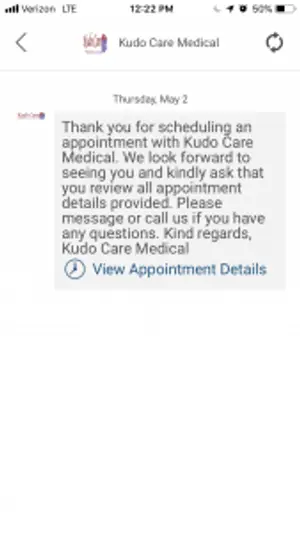 Screenshot of a mobile phone displaying a message from Kudo Care Medical thanking the recipient for scheduling an appointment.