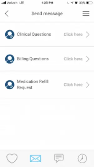Screenshot of a mobile app interface with options for clinical questions, billing questions, and medication refill requests.