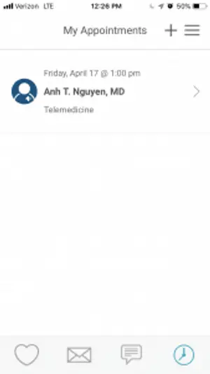 Appointments screen showing details of a telemedical appointment with Dr. Anh T. Nguyen on April 17th at 1:00 PM.