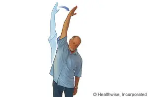 Illustration of a man stretching his shoulder by lifting his arm up and behind his back