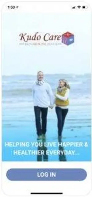 Screenshot of the Kudo Care app login screen with a photo of two people walking on the beach