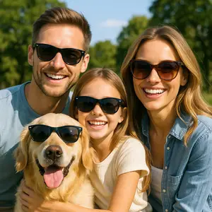 A family is smiling for a picture in a park with a golden retriever wearing sunglasses