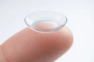 A fingertip holding a transparent contact lens with a clear border and visible inner curvature.