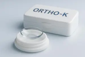 An Ortho-K lens case with a lens on top of a white plate on a gray surface.
