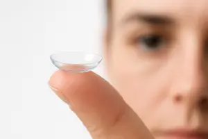 A close up of a woman's finger holding a clear contact lens with a red liquid inside.