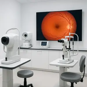 A medical examination room with two white ophthalmoscopes, a computer monitor, a large screen displaying an eye image, and two chairs.