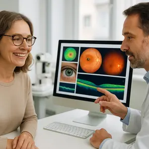 A smiling woman with glasses looks at eye exam images on a computer screen with a male doctor.
