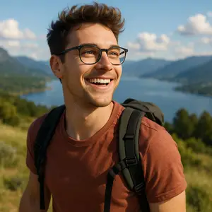 A smiling young man in a brown t-shirt and glasses, with a backpack, standing on a grassy field overlooking a lake and mountains.