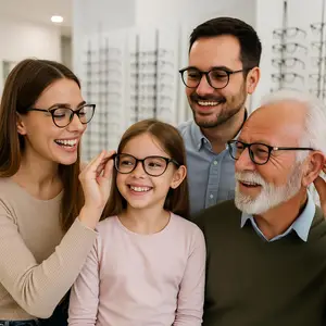 A family in a room, smiling while looking at the camera, a girl with glasses is smiling, and a woman is holding the girl's glasses.